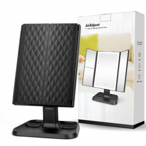 AIREXPECT TRI-FOLD LED LIGHTING COSMETIC MIRROR BLACK NEW - Picture 1 of 2